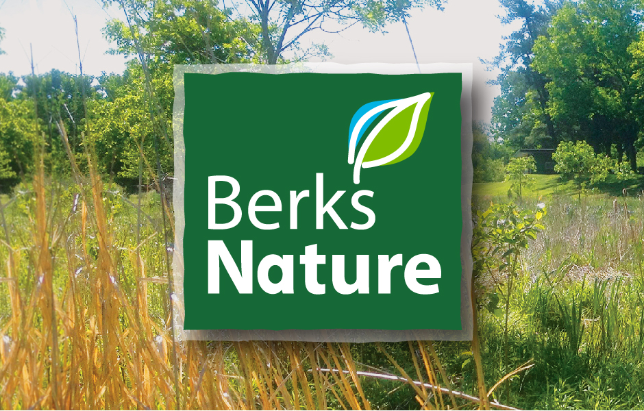 Berks Nature Logo, organic green square with bright blue, green and white leaf, along with meadow photo