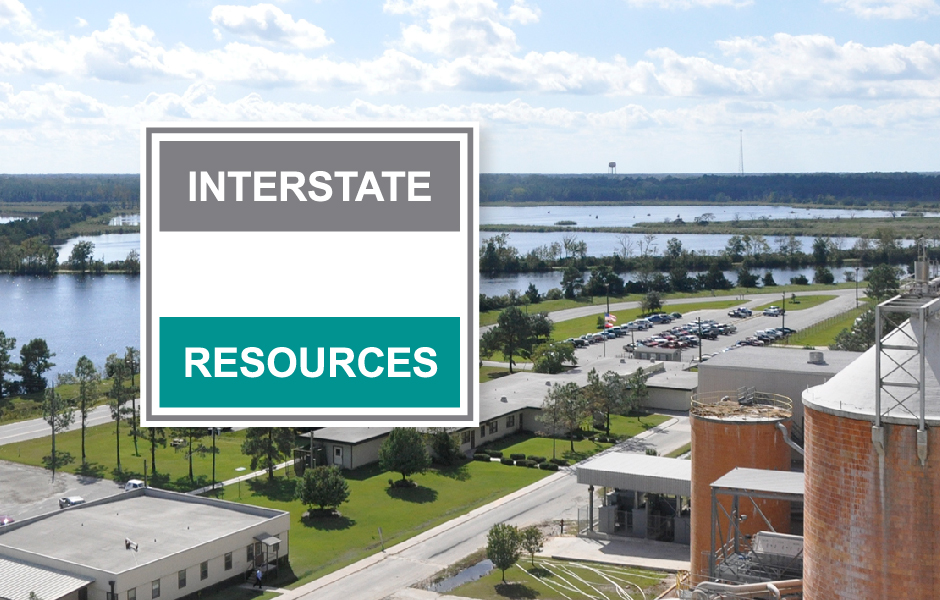 Interstate Resources Logo, teal, white and grey, with Savannah lagoon and manufacturing background