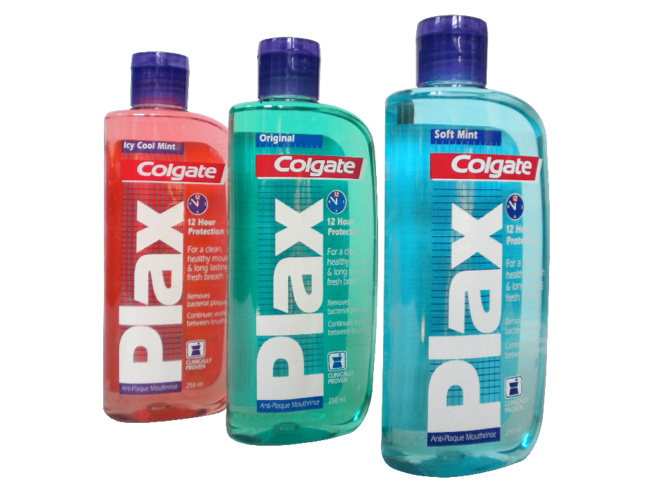 Colgate-Palmolive, Plax, 3 bottle variations, red, green and blue