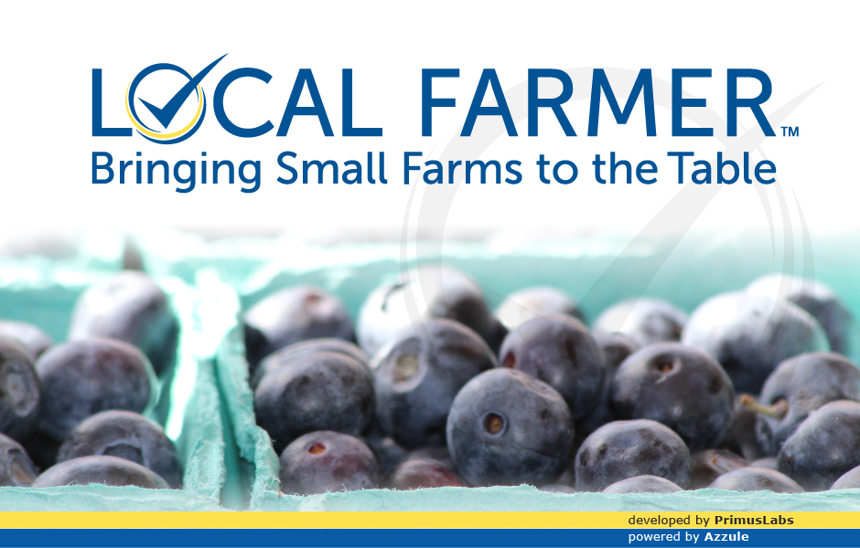 PrimusLabs Local Farmer Program, logo, with blue berries in cartons
