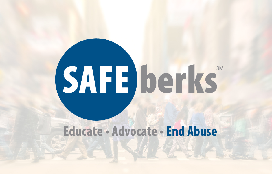 Safe Berks, logo, with rushing city walkers in the background