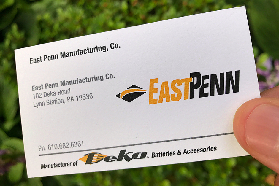 East Penn Business Card, Deka orange and black on white card