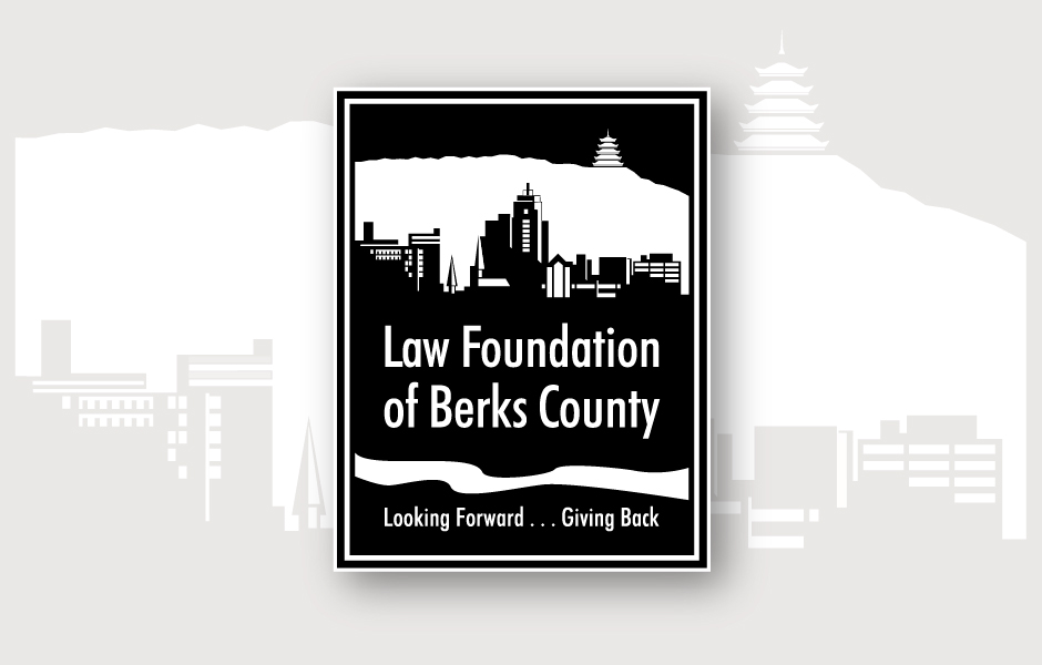 Law Foundation of Berks County, Logo, with City of Reading Background, black & white