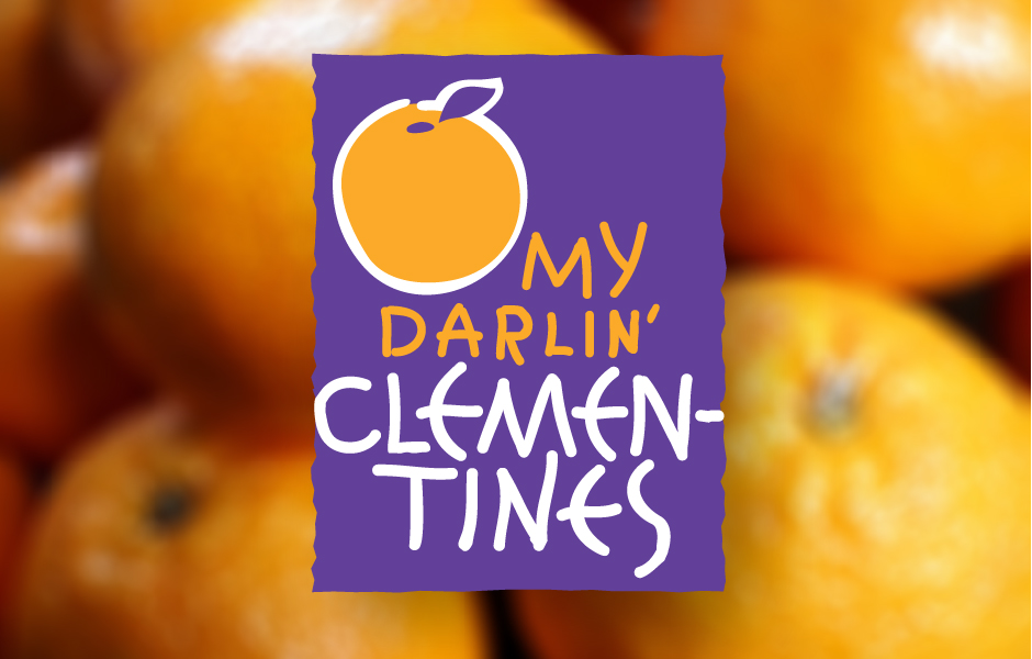 O' My Darlin Clementines, large purple rectangle logo with orange clementine graphic with orange and white type