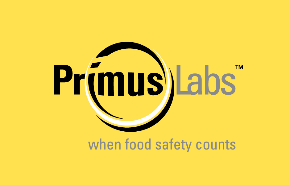 PrimusLabs Logo, on yellow background, when food safety counts
