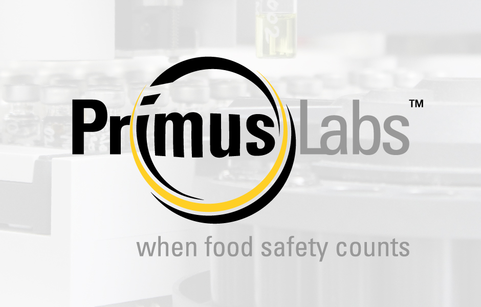 PrimusLabs Brand Logo, yellow, black and grey, with laboratory background