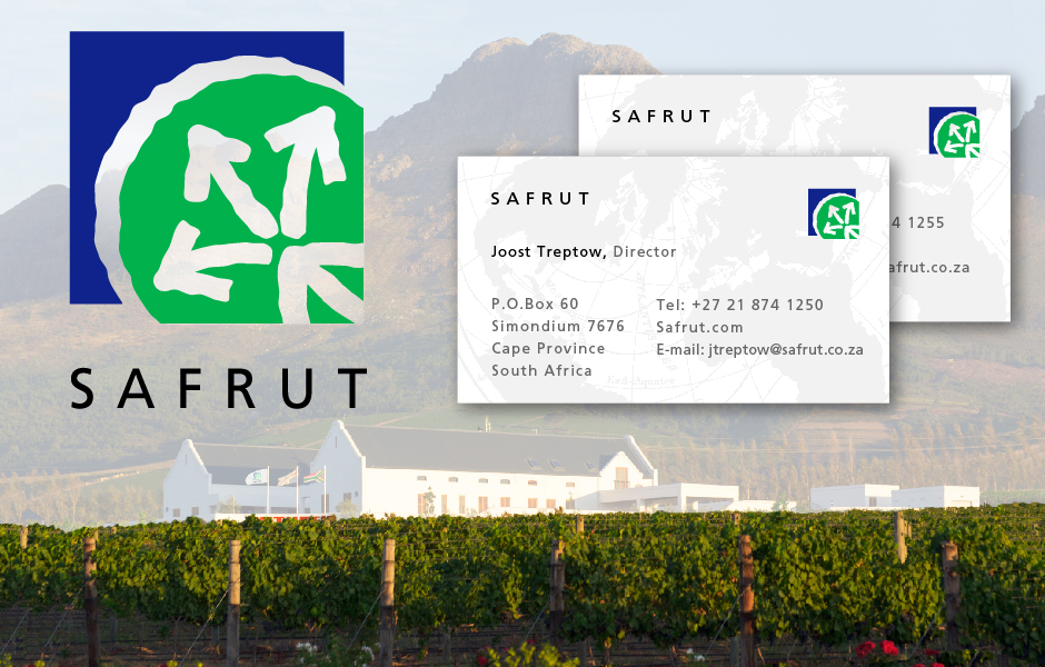 Safrut, South Africa, Exporting Produce, blue and green logo with arrows, includes two sample business cards over a South African landscape background